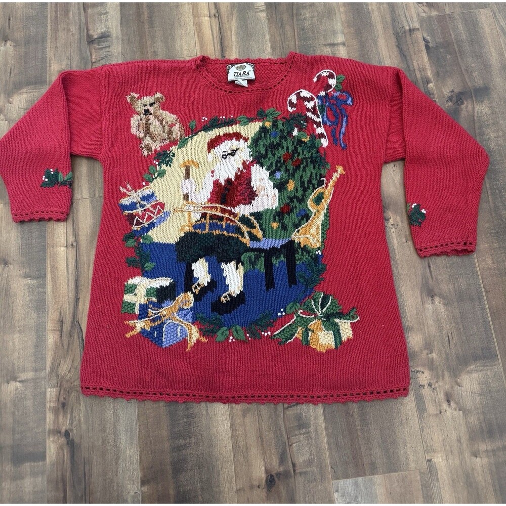 Tiara International Vintage Red Christmas Sweater Santa Claus Size Large 90s